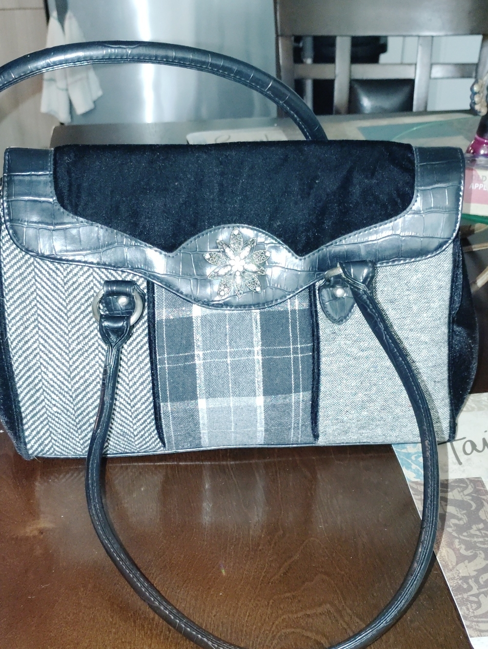 Black Patchwork Tote Bag with Decorative Accent